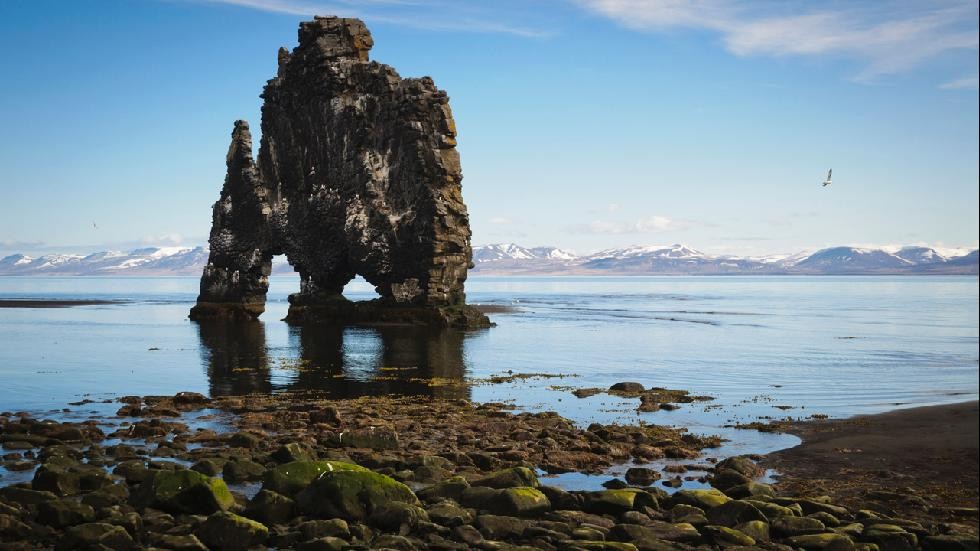  Hvítserkur là một khối đá nhô ra từ vịnh Huna, một kỳ quan tuyệt đẹp ở đảo Iceland. Tảng đá lớn đứng trông giống như một con khủng long ăn cỏ này từng là một ngọn núi lửa.    